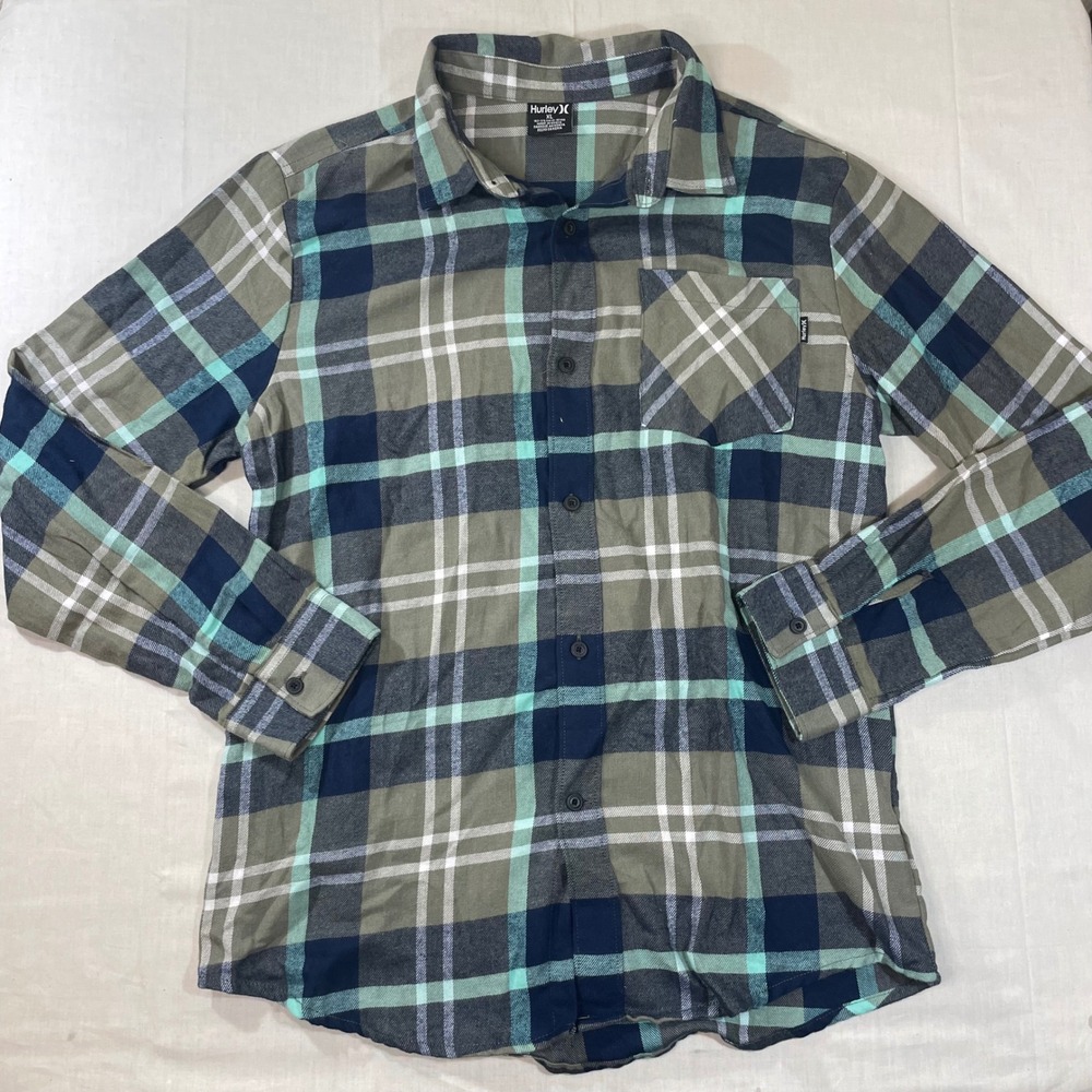 Hurley Boys XL Plaid Flannel Button Down Shirt Green Blue 6173-ECU 422